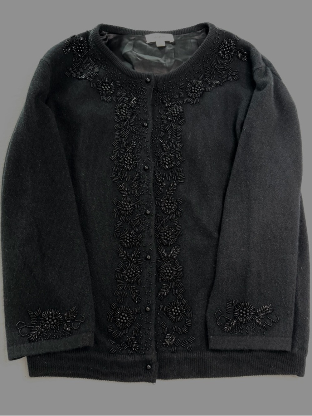 Solaire 100% Cashmere Beaded Cardigan Sweater Black Large Silk Lined Floral